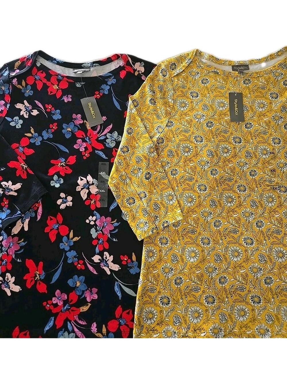 Lot Of 2 Style & Co Floral Blouse Women's XXL 3/4 Sleeve Top Pima Cotton New